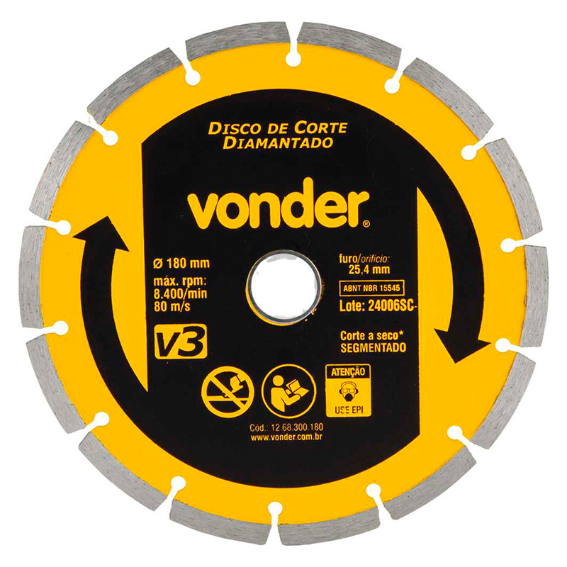 DISCO DE CORTE DIAMANTADO VONDER V3 2,2 X 25,4 X 180MM